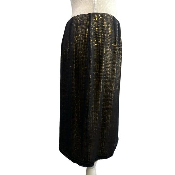 Linda Allard Ellen Tracy Black Sheer Silk Overlay Gold Sequin Skirt Size 12 NWT - Picture 2 of 12